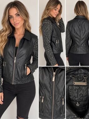 Black Faux Leather Moto Jacket with Knit Contrast Sleeves